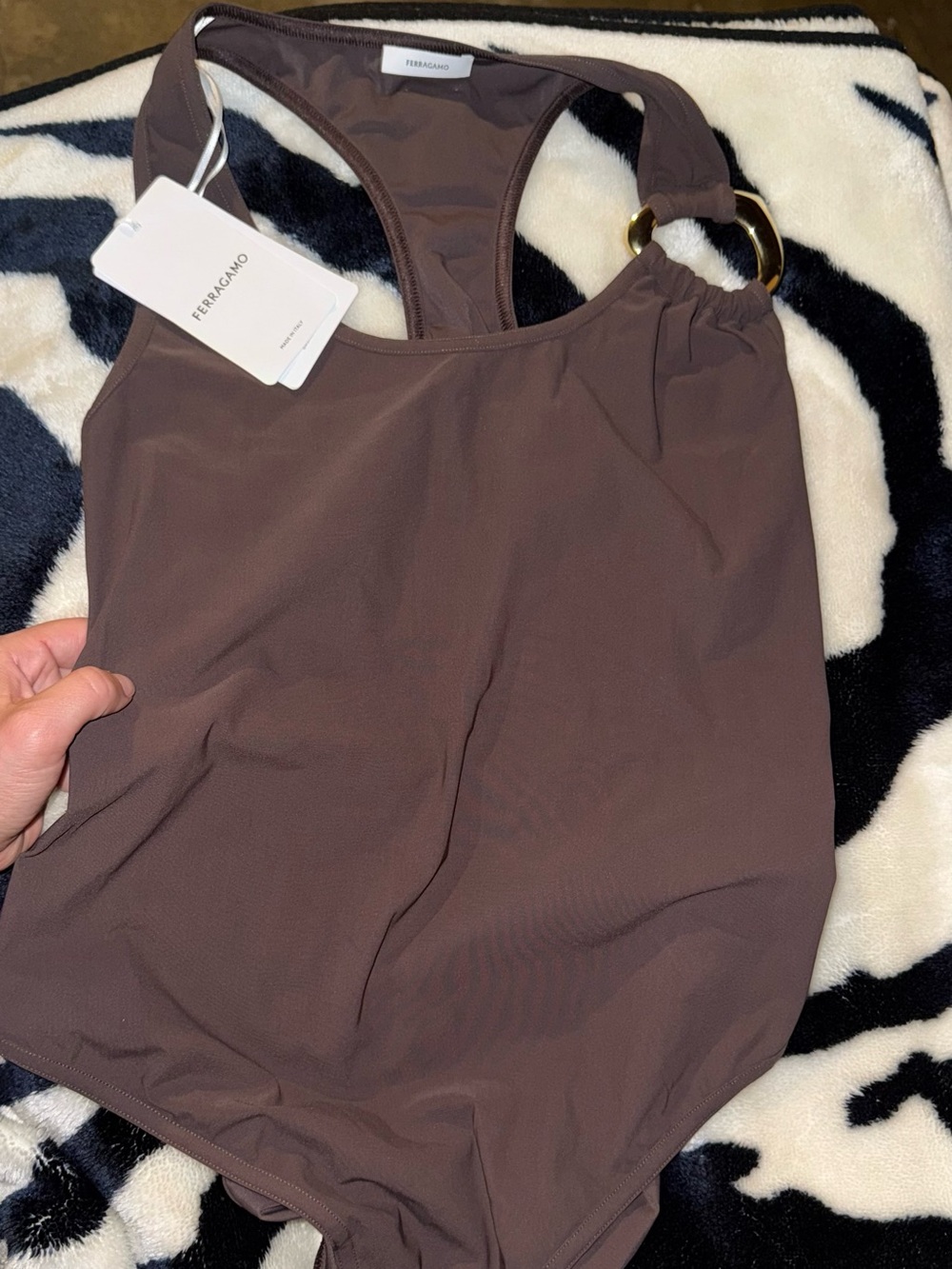 Salvatore Ferragamo Brown One-Piece Swimsuit with Gold Ring/Heart Detail - Picture 5 of 5
